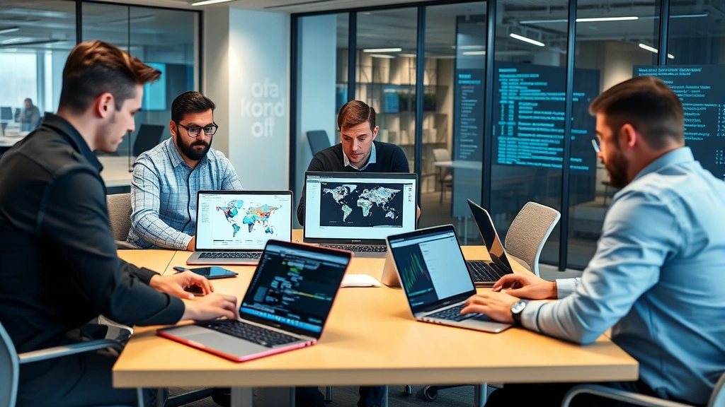 Security team members in a modern office collaborating around a table with laptops displaying network topology diagrams and security metrics, demonstrating collaborative incident response planning