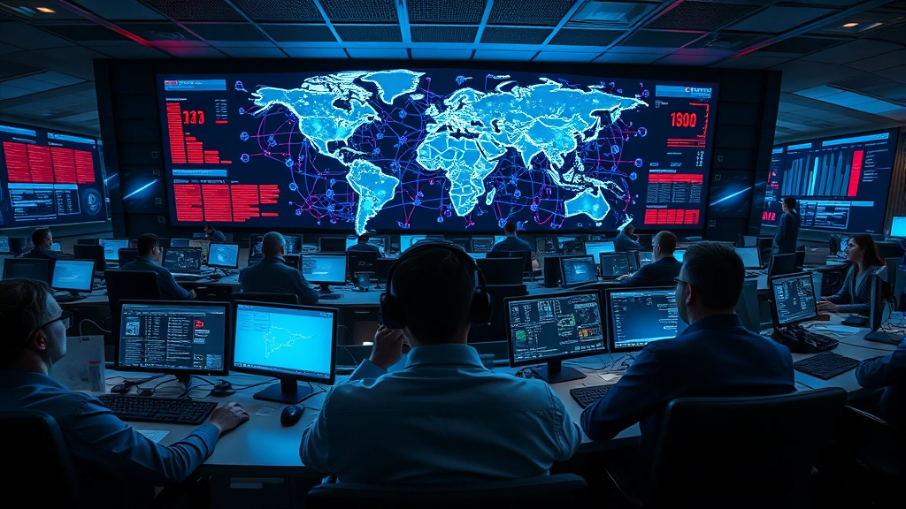 Panoramic view of a state-of-the-art international cybersecurity operations center with multiple analysts working at stations monitoring global threat dashboards, holographic displays showing world map with threat indicators, blue and red network nodes, sophisticated security monitoring screens reflecting in their faces, professional atmosphere, high-tech facility