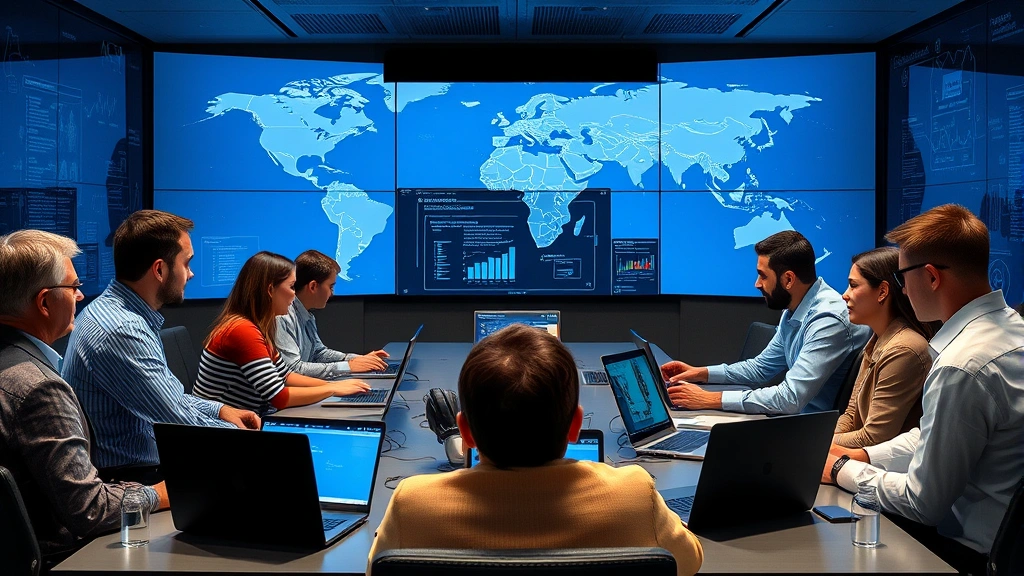 International team of cybersecurity professionals from different countries collaborating in a secure conference room with large video screens, world map backdrop, laptops with encrypted connections, discussing threat intelligence, diverse group focused on screens showing network diagrams and security metrics