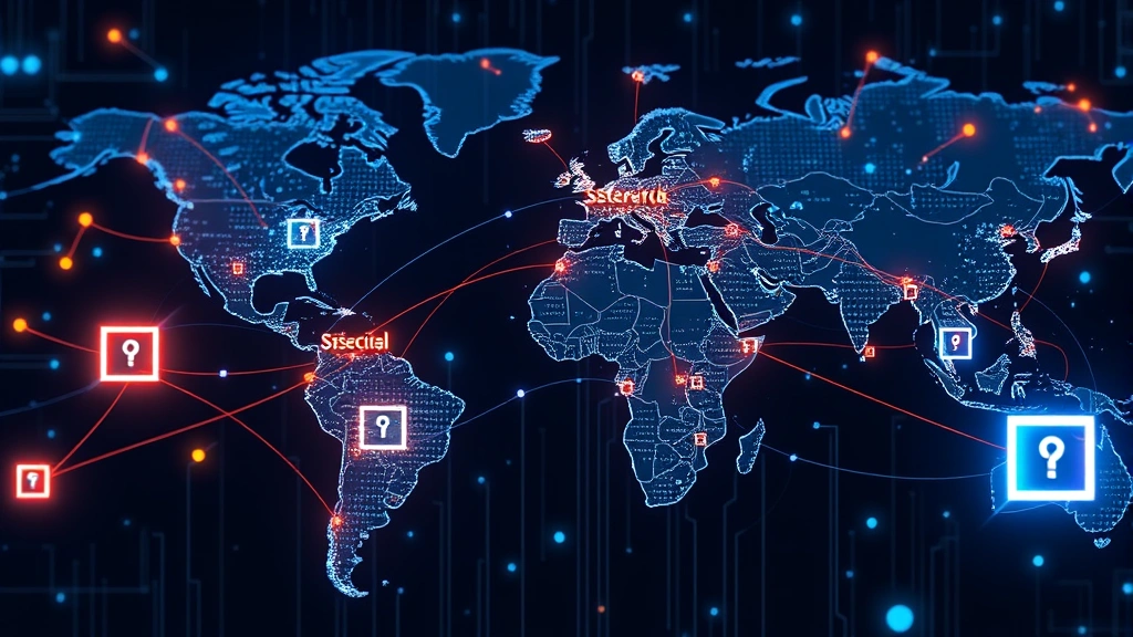 Global cybersecurity infrastructure visualization showing interconnected servers, data centers across continents linked by secure encrypted data streams, glowing network pathways between major cities, digital security barriers protecting critical nodes, abstract representation of international security coordination