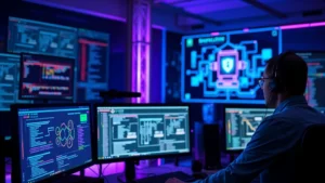 Cybersecurity analyst studying abstract security architecture on multiple monitors in a modern security operations center, blue and purple lighting, focused professional environment, no text visible