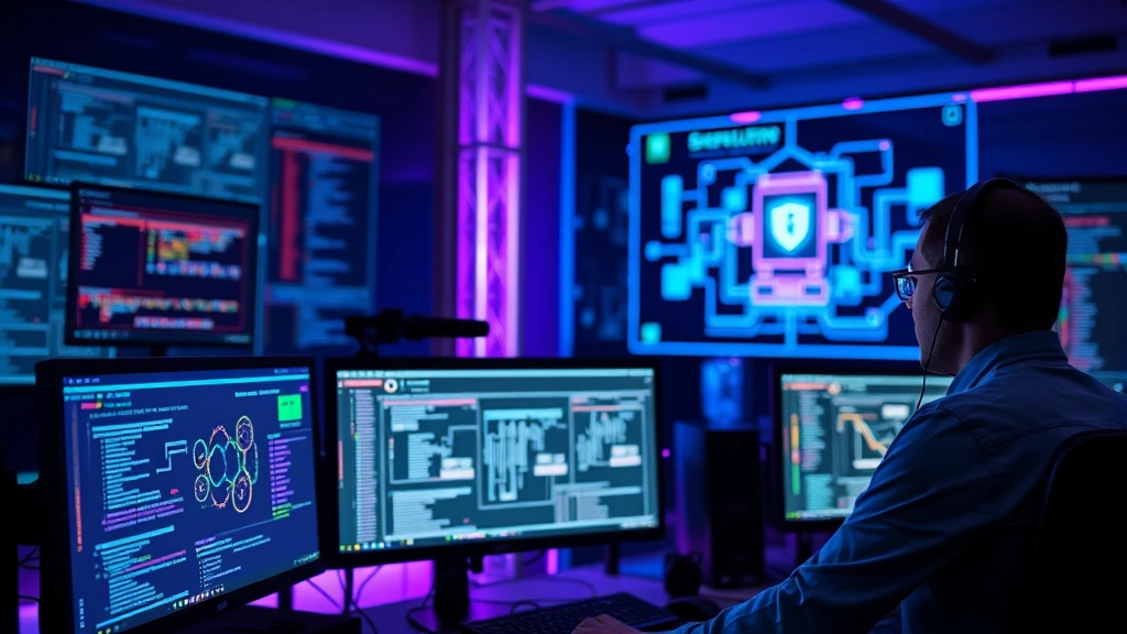 Cybersecurity analyst studying abstract security architecture on multiple monitors in a modern security operations center, blue and purple lighting, focused professional environment, no text visible