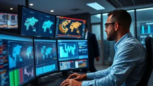 Cybersecurity professional analyzing threat models on multiple monitors in a modern security operations center, with data visualizations and threat intelligence dashboards visible, professional lighting, photorealistic, no text or code visible