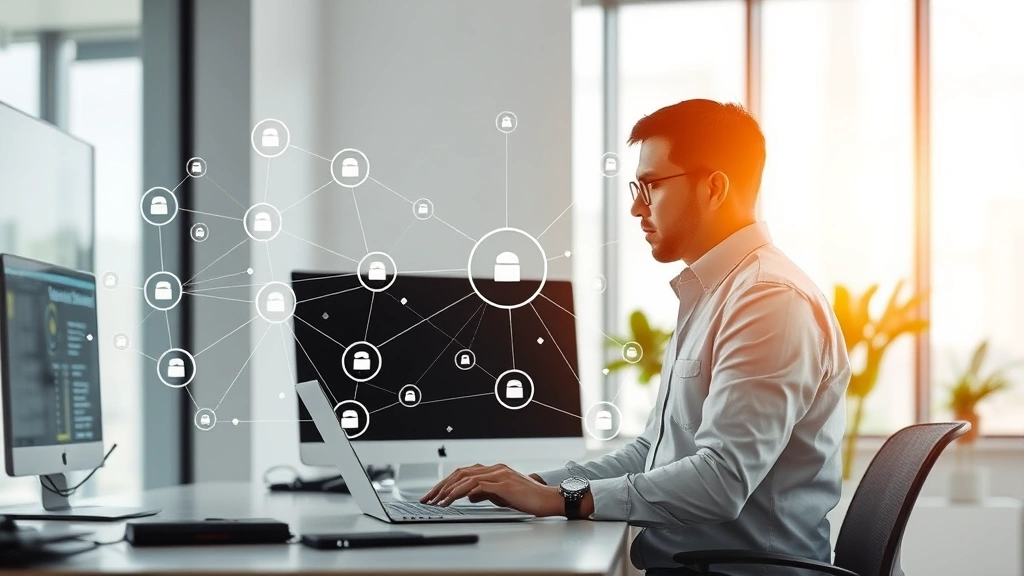 Network security architect designing zero-trust architecture with abstract network topology visualization, interconnected nodes and security layers, modern office environment, photorealistic, clean design without terminal windows