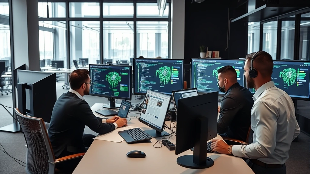Security team conducting incident response exercise, professionals collaborating at workstations with data visualizations, modern office environment demonstrating coordinated threat response procedures, no terminal windows visible