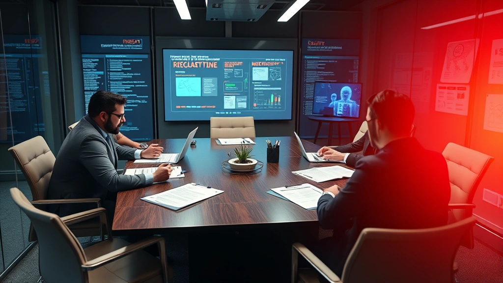 Security team conducting incident response meeting with threat intelligence reports and risk assessment documents on conference table, collaborative environment, focused professionals, photorealistic, no visible document text