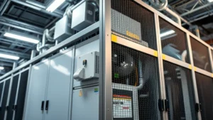Professional steel security cage enclosure surrounding HVAC equipment in a data center, showing badge access reader and monitoring sensors installed on the cage structure, modern facility lighting