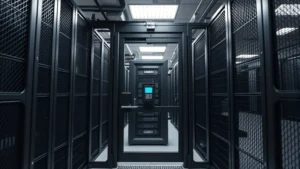 Professional data center with reinforced steel security cage enclosure protecting server equipment, biometric access panel visible on cage door, modern facility lighting