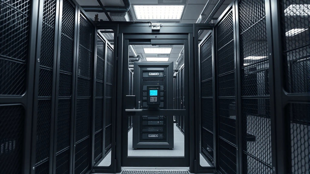 Professional data center with reinforced steel security cage enclosure protecting server equipment, biometric access panel visible on cage door, modern facility lighting