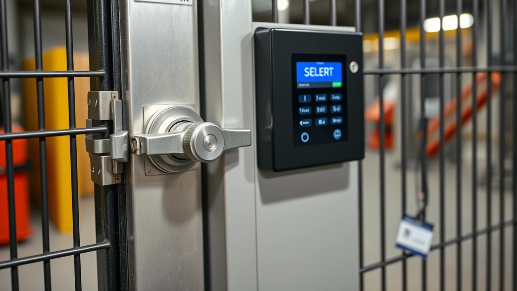 Close-up of secure locking mechanism and electronic access control panel on an AC security cage door, with authorized personnel badge nearby, professional industrial setting