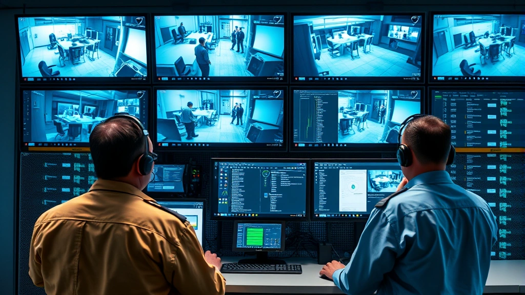 Security personnel in data center monitoring access control system with multiple screens showing surveillance feeds and access logs from server room security cage