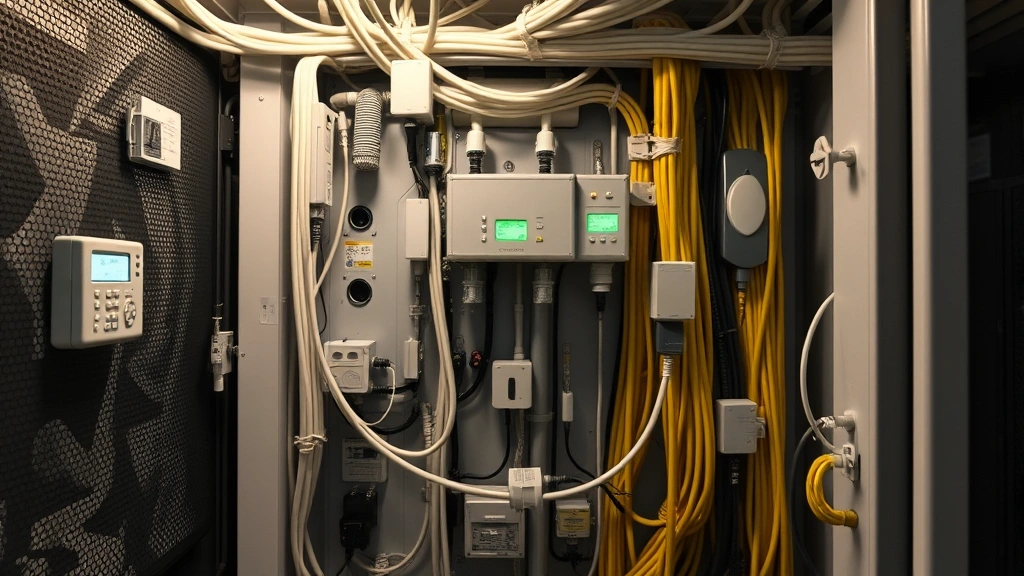Network of environmental sensors and monitoring cables integrated throughout a secured AC system cage, displaying real-time data collection points, modern security infrastructure