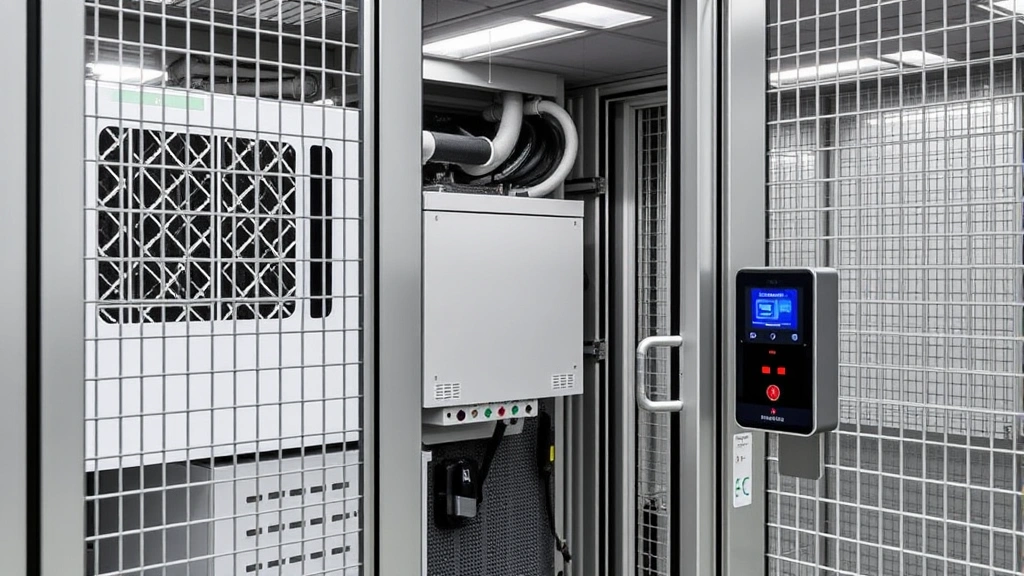 Detailed view of AC security cage with integrated cooling system, temperature monitoring sensors, and badge reader access control mechanism in operation