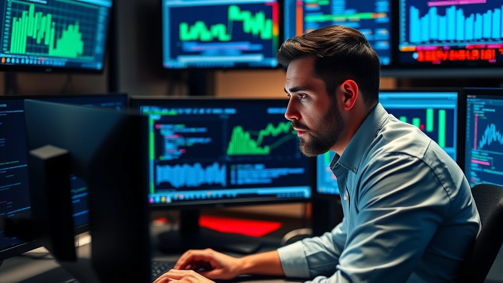 Professional cybersecurity analyst reviewing threat intelligence on multiple monitors in secure operations center, focused expression, blue and green data visualizations