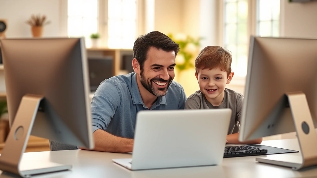 Parent and child sitting together at computer in bright home office, both smiling while reviewing security settings, modern laptop visible, warm lighting, no screens showing text