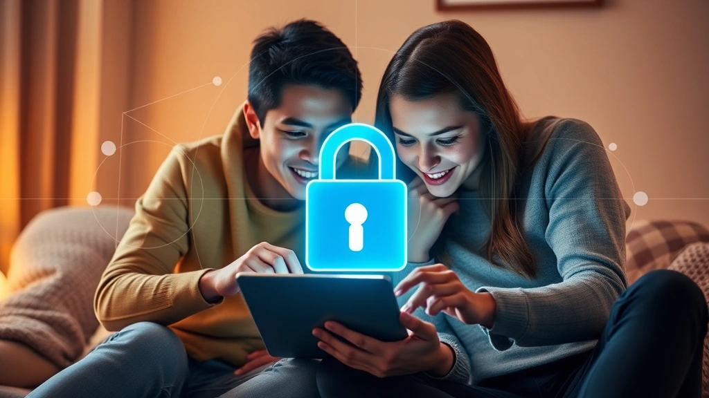 Family sitting together looking at tablet device with security lock icon overlay, warm lighting, representing digital safety and trust building