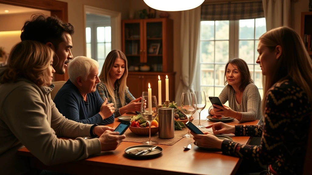 Family having conversation at dinner table with smartphones placed aside, everyone engaged and talking, warm home environment, natural lighting, no screen content visible