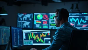 Cybersecurity analyst monitoring multiple computer screens displaying network traffic patterns and security dashboards in a modern academic IT security operations center, professional lighting