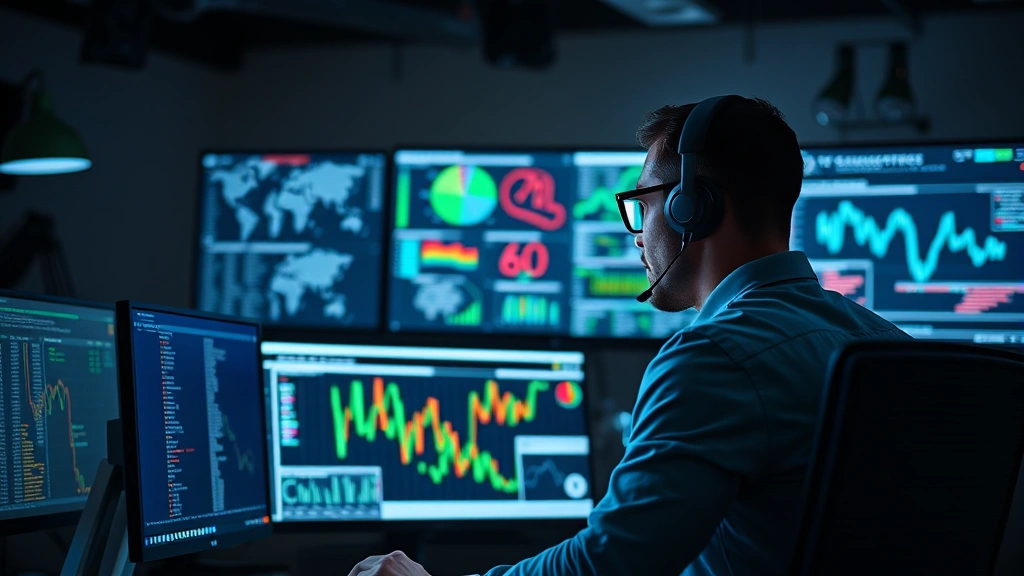 Cybersecurity analyst monitoring multiple computer screens displaying network traffic patterns and security dashboards in a modern academic IT security operations center, professional lighting