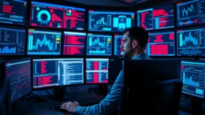 Professional cybersecurity analyst working at modern security operations center with multiple monitors displaying network dashboards and security alerts, intense focus on screen, blue and red data visualizations