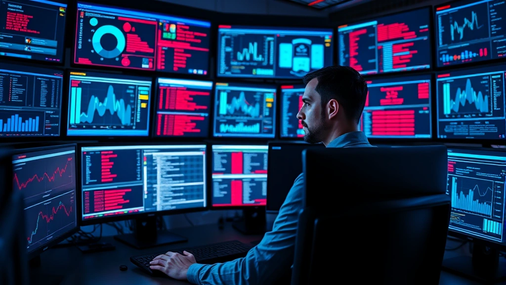 Professional cybersecurity analyst working at modern security operations center with multiple monitors displaying network dashboards and security alerts, intense focus on screen, blue and red data visualizations
