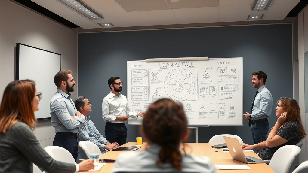 Diverse team of educators and IT professionals in a university conference room discussing security protocols on a whiteboard with diagrams and security frameworks visible