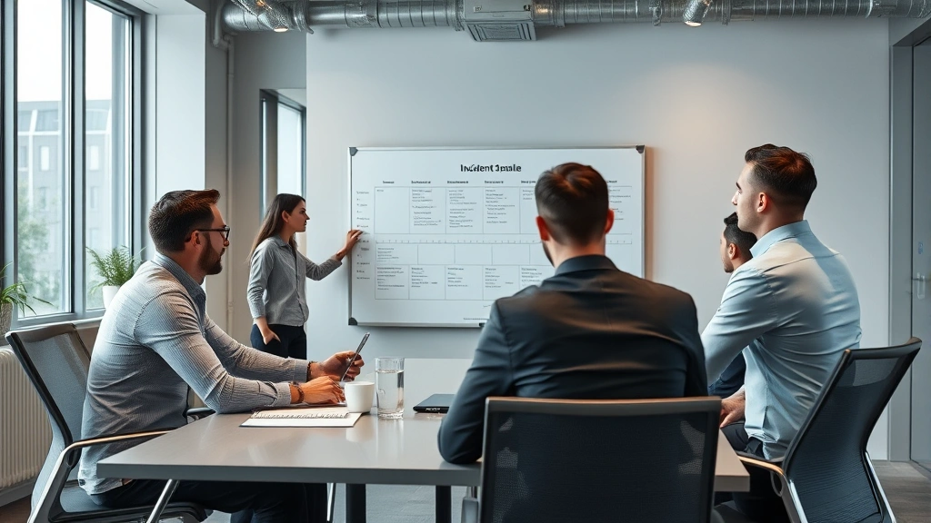 Team of security professionals in conference room conducting incident response meeting, reviewing incident timeline on whiteboard, serious collaborative atmosphere, modern office setting