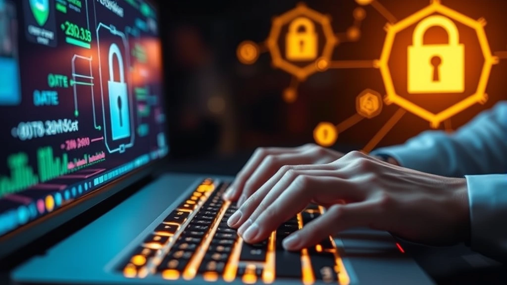 Close-up of a security professional's hands typing on a keyboard with glowing cybersecurity interface visible on monitor, data protection and encryption symbols in background