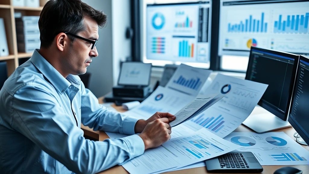 Cybersecurity expert at desk reviewing security audit reports and compliance documentation, multiple papers and charts spread across workspace, concentrated expression analyzing data