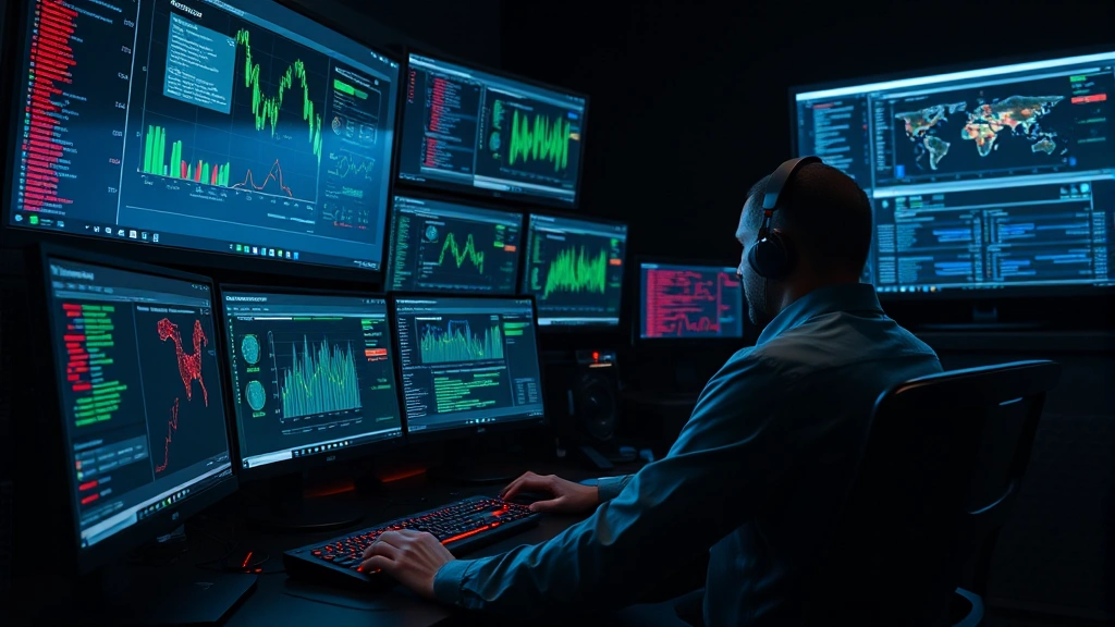Digital security professional monitoring multiple computer screens displaying network traffic visualizations and threat analysis dashboards in a dark operations center, professional cybersecurity environment