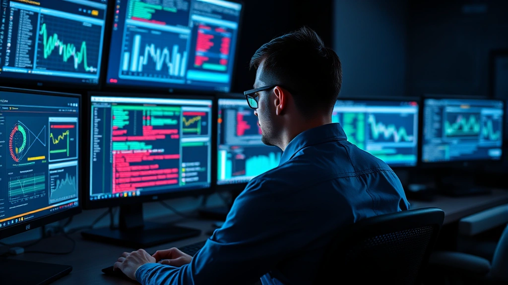 Cybersecurity analyst monitoring multiple screens with network traffic visualizations and security alerts in a modern operations center, professional lighting, focused expression