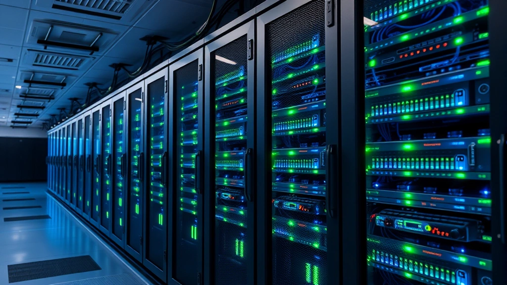 Modern data center with rows of secure server equipment, blue and green indicator lights, cables organized neatly, representing secure data storage infrastructure and encrypted systems