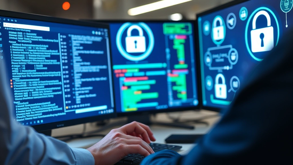 Cybersecurity analyst reviewing encrypted data and security protocols on computer workstation, hands typing on keyboard, digital lock symbols and security icons displayed on monitor screens