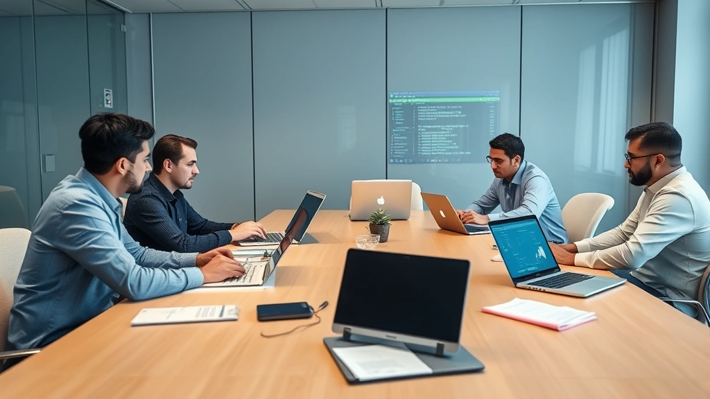 Security team in conference room conducting incident response tabletop exercise with laptops and documentation, professional environment showing collaboration and communication