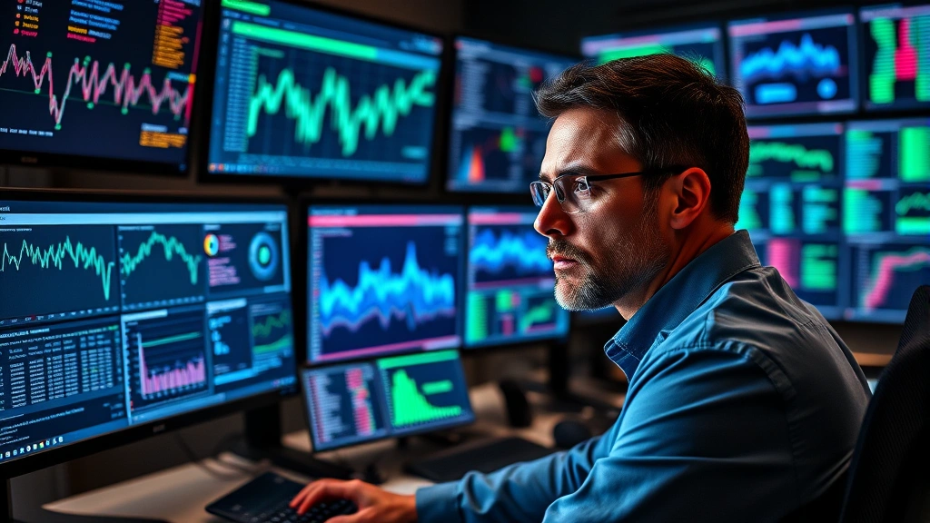 Professional cybersecurity analyst monitoring multiple screens displaying network traffic graphs and security dashboards in a modern NOC, with blue and green data visualizations, serious focused expression, realistic office lighting