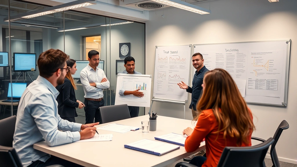Team of diverse IT security professionals in a conference room reviewing threat assessment documents and security reports on whiteboards, collaborative discussion environment, modern office setting with technology visible