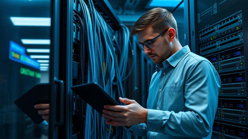 Cybersecurity expert examining server infrastructure with multiple network cables and hardware equipment, performing security audit in data center environment, professional technical setting with appropriate lighting