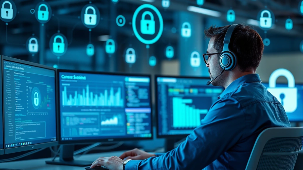 A professional wearing a headset working at a modern workstation with dual monitors displaying security dashboards and encrypted data interfaces, surrounded by subtle cybersecurity icons and padlock symbols in soft blue and green lighting, photorealistic, no visible code or text, modern office environment