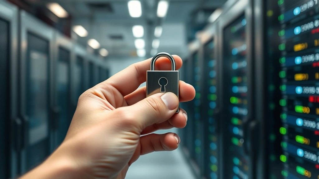 A close-up of a person's hand holding a sleek hardware security key or authentication token with a soft focus background of a secure server room with blinking lights and organized network equipment, photorealistic, professional security setting, no visible text or code