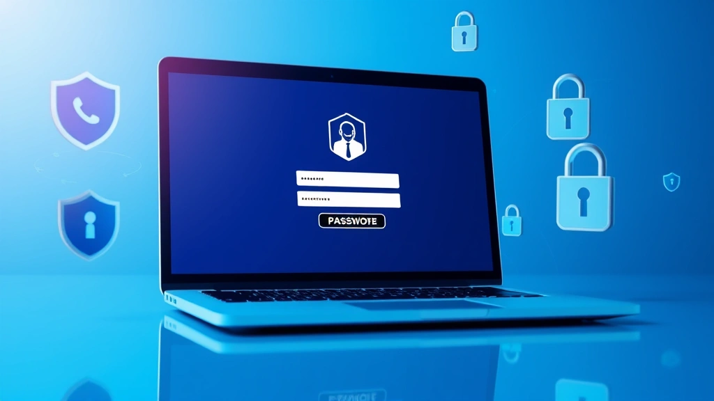 A detailed view of a laptop screen showing a secure login interface with biometric authentication options, surrounded by floating security elements like shields and encryption locks in a modern blue color scheme, photorealistic representation of cybersecurity authentication process, no visible passwords or sensitive data