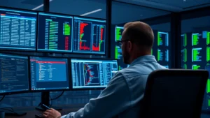 Network administrator monitoring security dashboard with access control panels, multiple screens showing user authentication logs and permission hierarchies in a modern data center environment