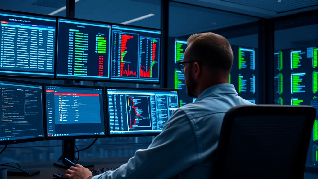 Network administrator monitoring security dashboard with access control panels, multiple screens showing user authentication logs and permission hierarchies in a modern data center environment