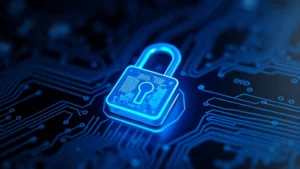 Close-up of a digital padlock glowing blue on a dark circuit board background, representing data security and access protection technology