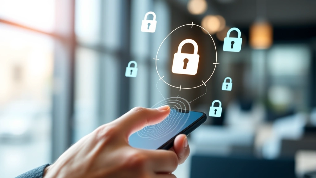 Close-up of hands using biometric fingerprint scanner on modern smartphone with security lock symbols floating around it, representing multi-factor authentication in contemporary office setting