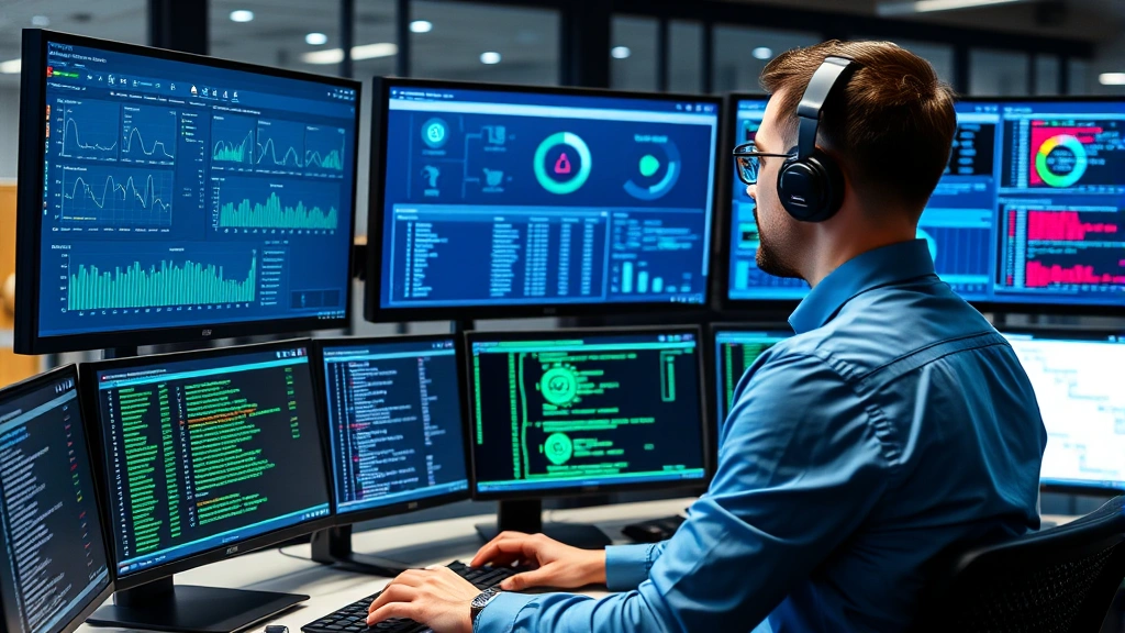 Professional IT security specialist monitoring multiple screens displaying security dashboards and authentication logs in a modern control center environment