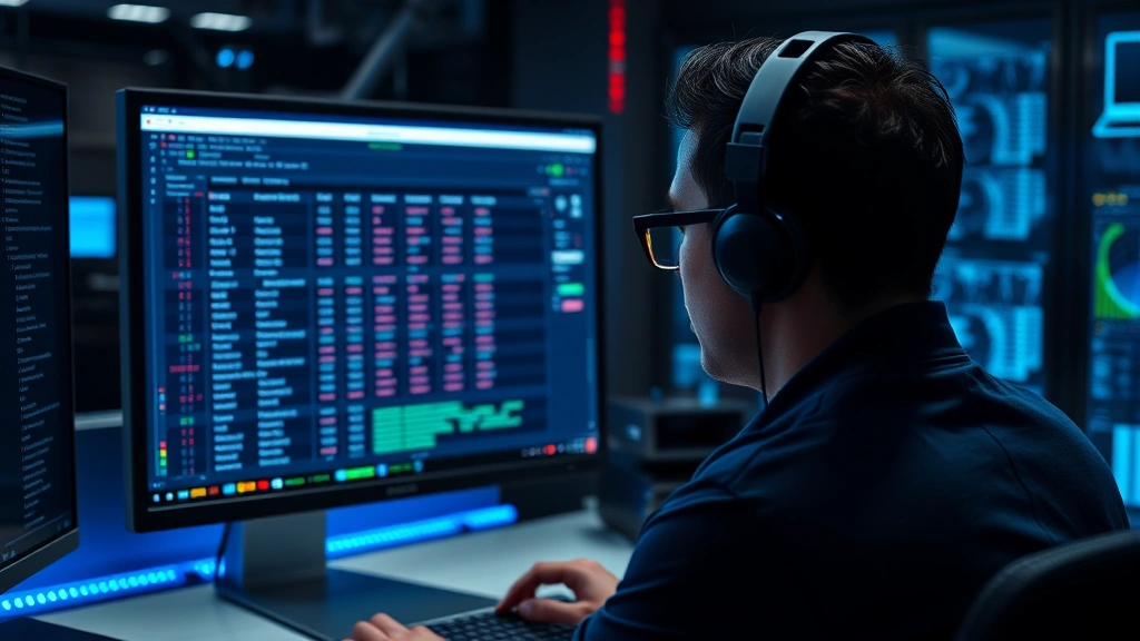 Cybersecurity professional reviewing audit logs on computer monitor with encrypted data visualization, access control matrix displayed on screen in secure operations center with blue lighting