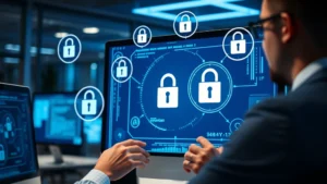 Cybersecurity professional examining digital package verification on computer screen with lock symbols and authentication badges floating around, modern office setting with blue security lighting