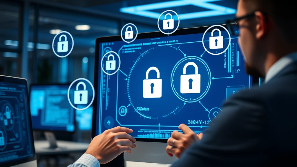 Cybersecurity professional examining digital package verification on computer screen with lock symbols and authentication badges floating around, modern office setting with blue security lighting