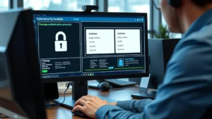 Cybersecurity professional analyzing security certificates and digital signatures on a computer screen displaying package authentication protocols, professional office environment, photorealistic