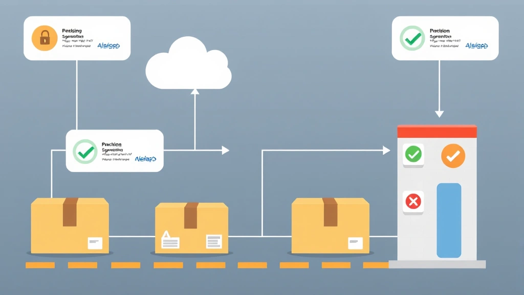 Supply chain security diagram showing packages moving through checkpoints with digital signatures and verification checkmarks, representing supply chain protection and package authentication